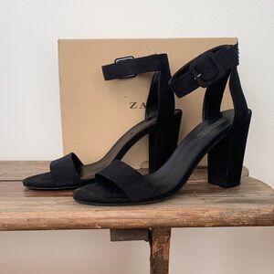 Zara black suede heeled sandals with ankle strap